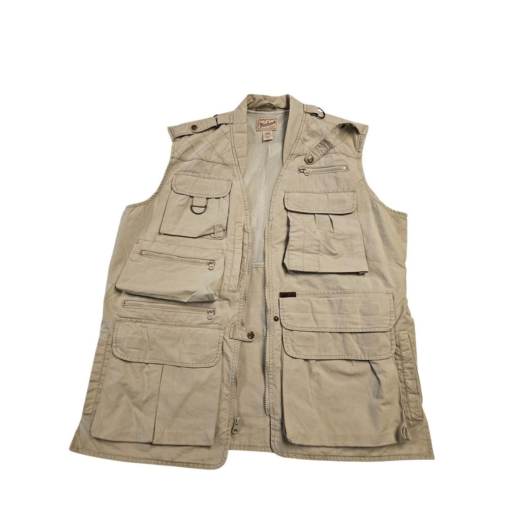 Woolrich Mens Large Utility Fishing Photography Vest Straw Khaki Cotton 584